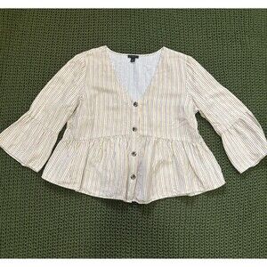 Ann Taylor Factory Striped Linen Blend Women's Shirt Top Sz Med V-Neck Buttonup
